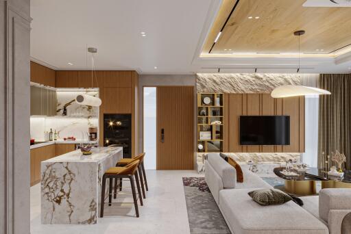 Modern open plan living area with integrated kitchen, featuring elegant design and luxurious finishes