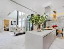 Modern open concept living room with kitchen, elegant interior design