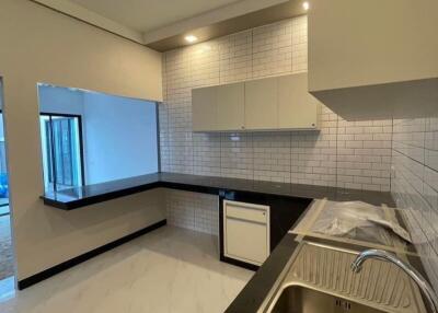 Contemporary kitchen with stainless steel sink, white cabinets, and tiled backsplash