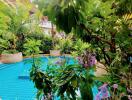 Lush garden with swimming pool and vibrant plants