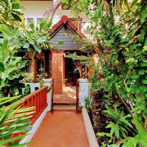 Entrance of a cozy house surrounded by lush greenery with a terracotta tiled pathway