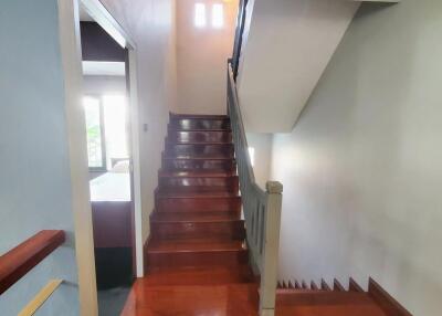 Wooden staircase with polished floor leading to the upper level of a home