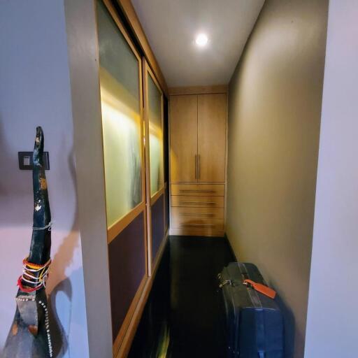 Hallway with artistic decorations and built-in wooden cabinet