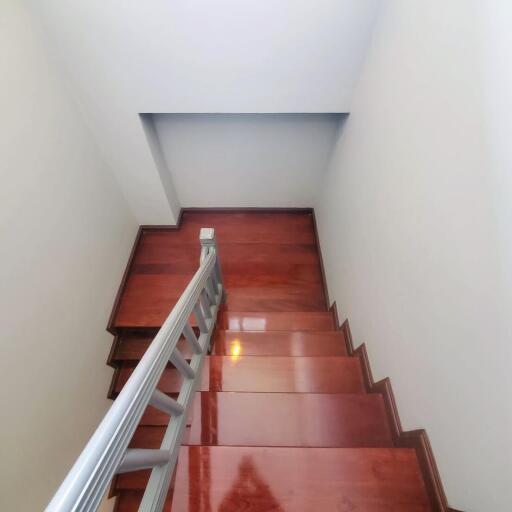 Wooden staircase leading to the upper level of the home with white walls and modern handrail