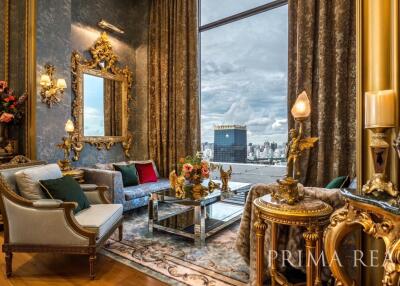 Elegant living room with classic decor and cityscape view