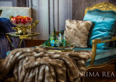 Elegant living room with luxurious details and rich fabric textures