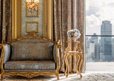 Elegant living room with classic furniture and a view of the city skyline