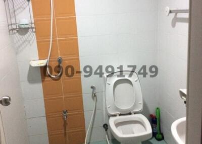 Compact bathroom with tiled walls, walk-in shower and toilet