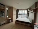 Spacious bedroom with modern design, city view, and built-in wardrobes