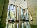 Spacious building lobby with high ceilings and modern design