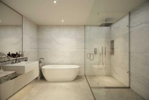 Spacious modern bathroom with standalone tub and glass-enclosed shower