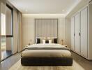 Modern bedroom with king-sized bed, natural light, and stylish decor