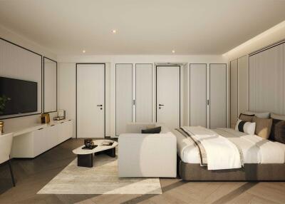 Modern and spacious bedroom with a comfortable bed, elegant furniture, and built-in closet space