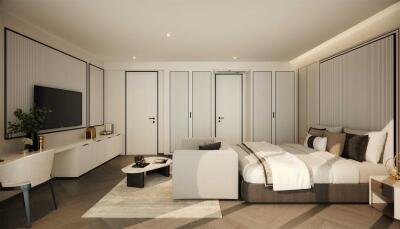 Modern and spacious bedroom with a comfortable bed, elegant furniture, and built-in closet space