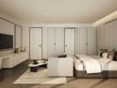 Modern and spacious bedroom with a comfortable bed, elegant furniture, and built-in closet space