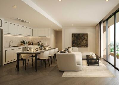 Stylish open-plan living space with combined kitchen and dining area leading to a balcony