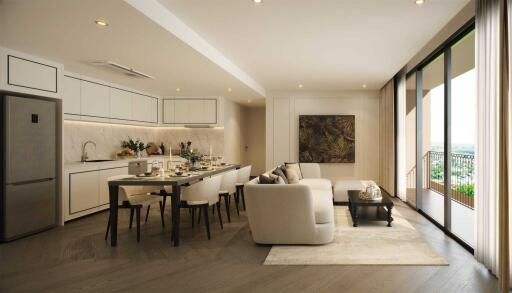 Stylish open-plan living space with combined kitchen and dining area leading to a balcony