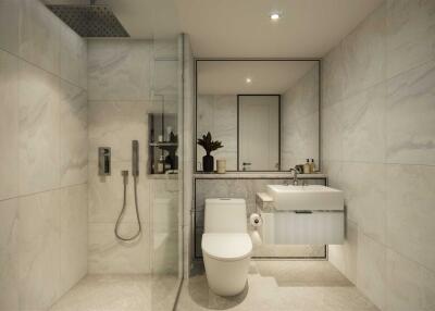 Modern bathroom interior with marble tiles, glass shower, and sleek fixtures