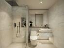 Modern bathroom interior with marble tiles, glass shower, and sleek fixtures