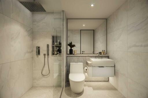 Modern bathroom interior with marble tiles, glass shower, and sleek fixtures