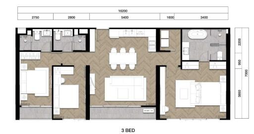 Architectural floor plan of a 3-bedroom apartment