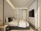 Modern bedroom interior with a sleek design, featuring a large bed, mounted TV, and built-in closets