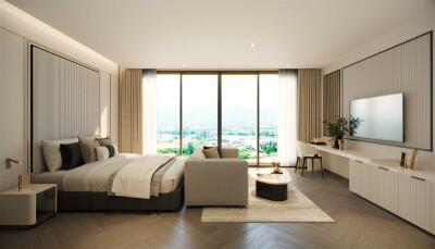 Spacious modern bedroom with natural light and scenic view