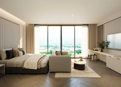 Spacious modern bedroom with natural light and scenic view