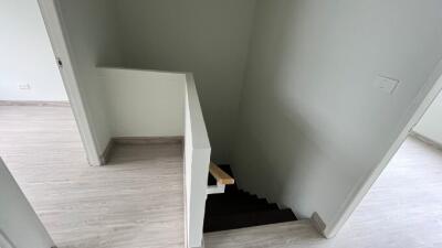 Modern staircase leading downstairs with laminate wood flooring