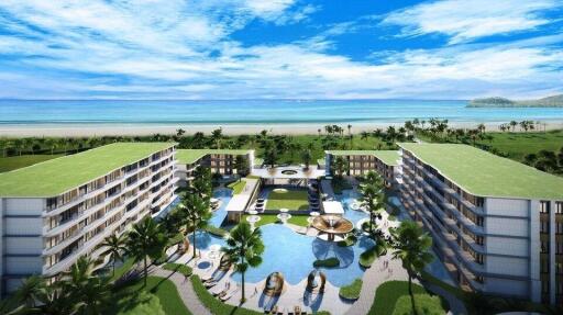Luxurious beachfront residential complex with swimming pool and palm trees