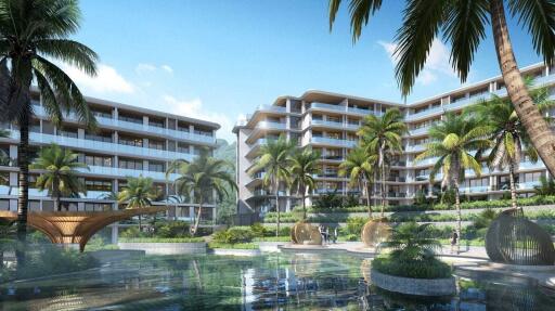 Modern tropical resort-style apartment complex with lush landscaping and water features