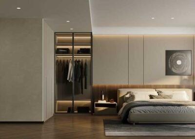 Modern luxury bedroom suite with open bathroom design