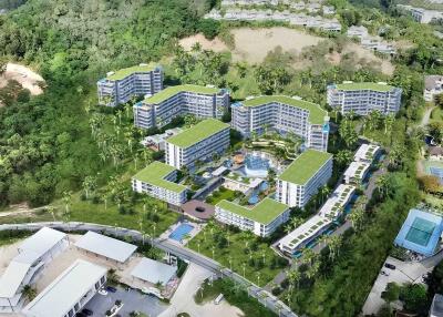 Aerial view of a residential apartment complex surrounded by greenery