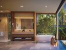 Spacious bathroom with modern fixtures and natural outdoor view