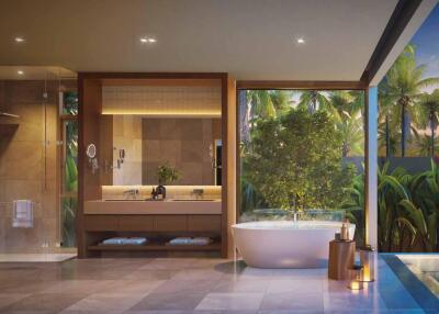 Spacious bathroom with modern fixtures and natural outdoor view