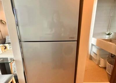 Modern Hitachi refrigerator in a home kitchen