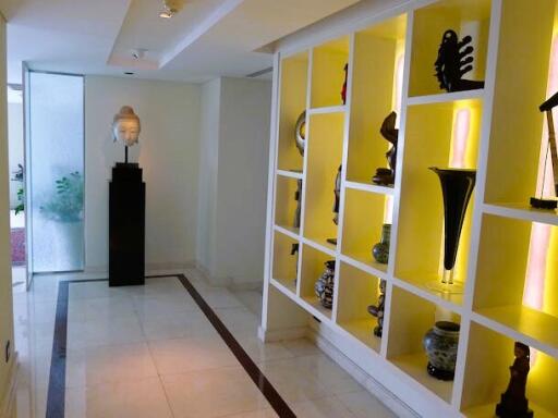 Elegantly decorated hallway with illuminated display shelves