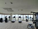 Spacious fitness center with modern equipment and city view