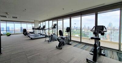 Spacious gym with modern equipment and city view through large windows