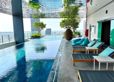Luxurious rooftop pool with lounge chairs and city view