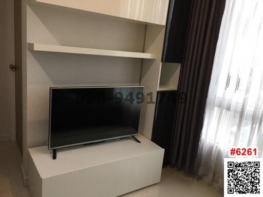 Modern living room interior with television and shelving