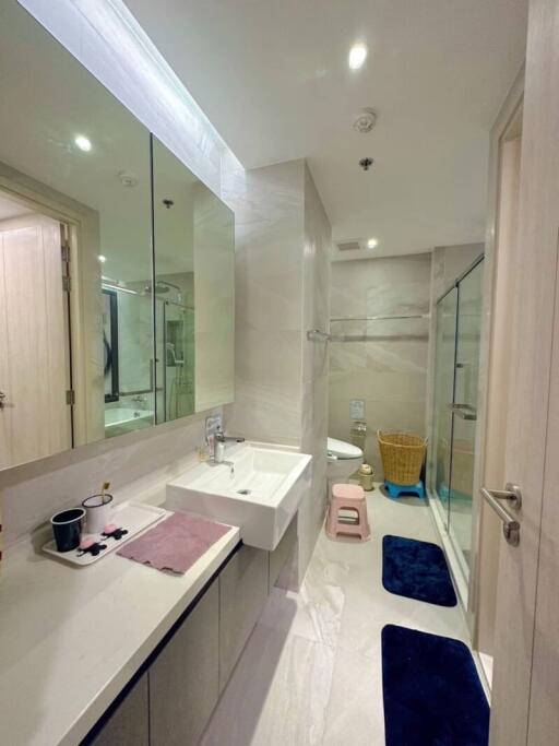 Modern bathroom interior with shower and mirrored vanity