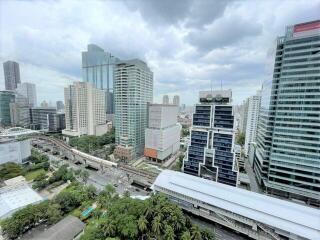 Panoramic city view from a high-rise building, showcasing urban skyline with skyscrapers