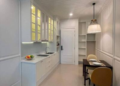 Modern kitchen with white cabinetry and ample shelving