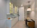 Modern kitchen with white cabinetry and ample shelving