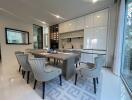 Modern dining room with large table and comfortable chairs