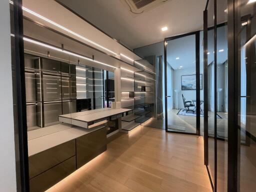 Modern kitchen with LED lighting and open concept floor plan