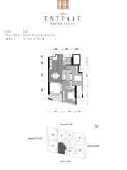 Architectural floor plan of a simplex unit with 2 to 3 bedrooms