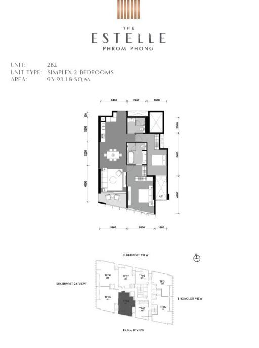 Architectural floor plan of a simplex unit with 2 to 3 bedrooms