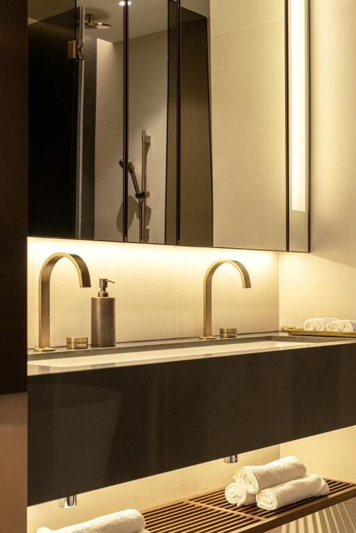 Modern and elegant bathroom interior with subdued lighting